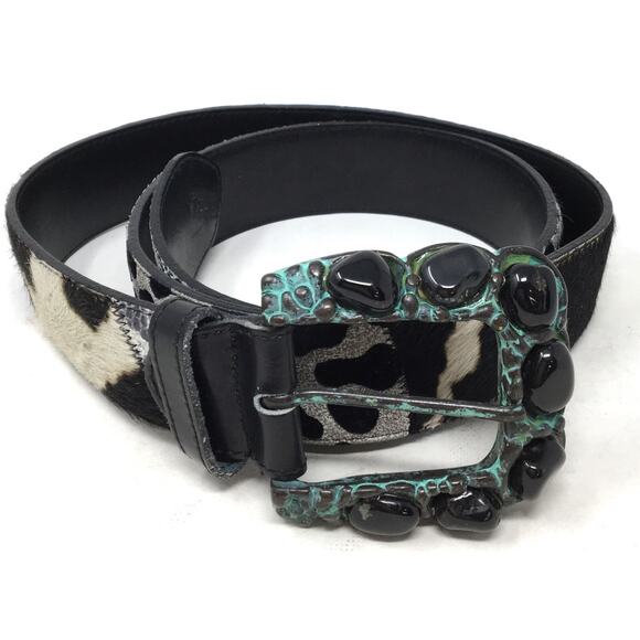 Nbel Women's Size Medium Aqua Metal Belt Buckle Black Stone Design Leather Belt - Picture 2 of 5